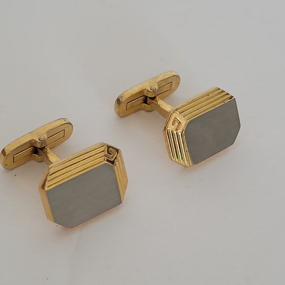 Givenchy Cufflinks Set Rectangle Gold Silver Tone Logo Vintage Geometric Designe - Picture 7 of 7